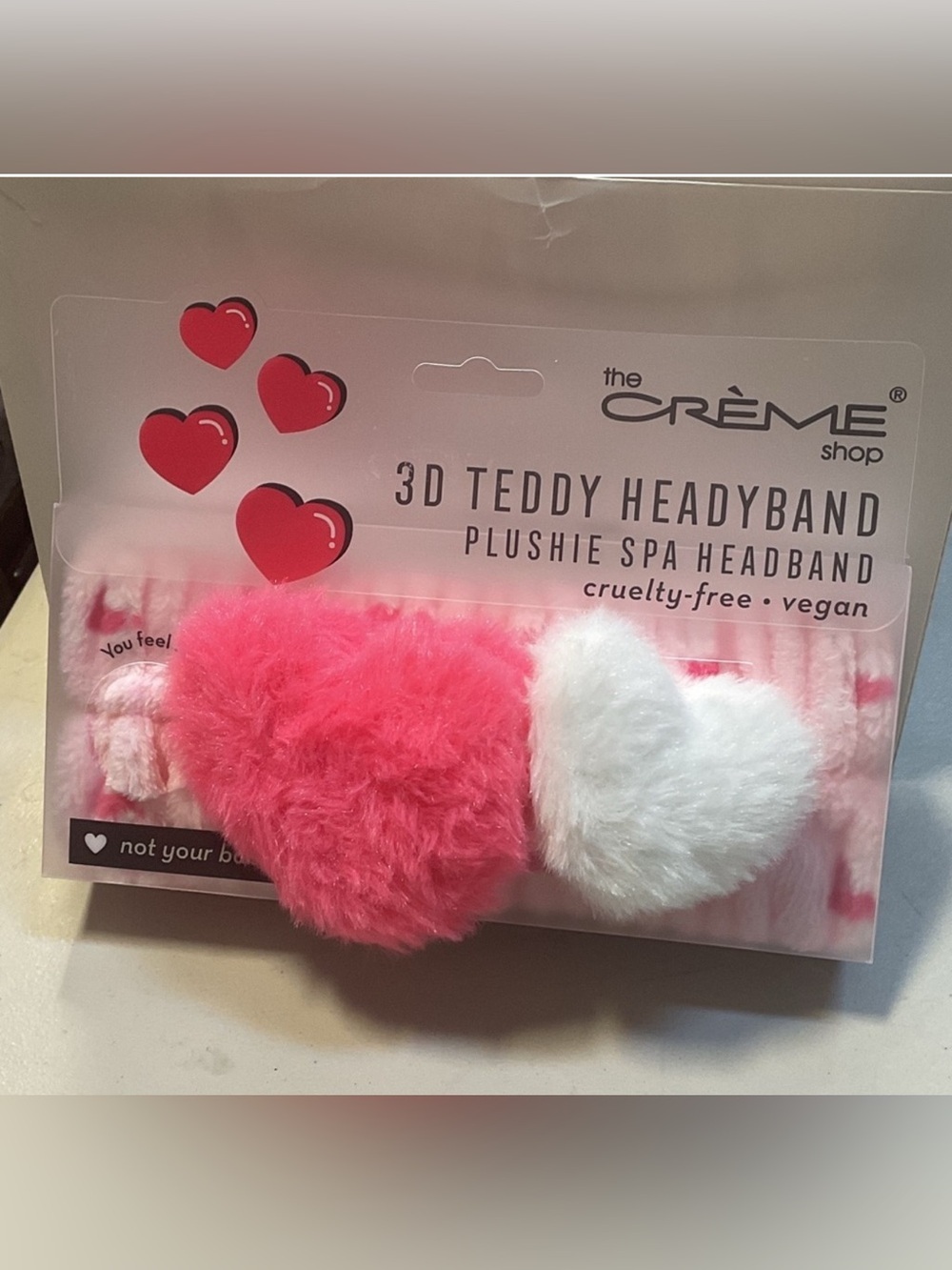 The Crème 3D Teddy Headband - Pink & White Plush Heart Spa Headband